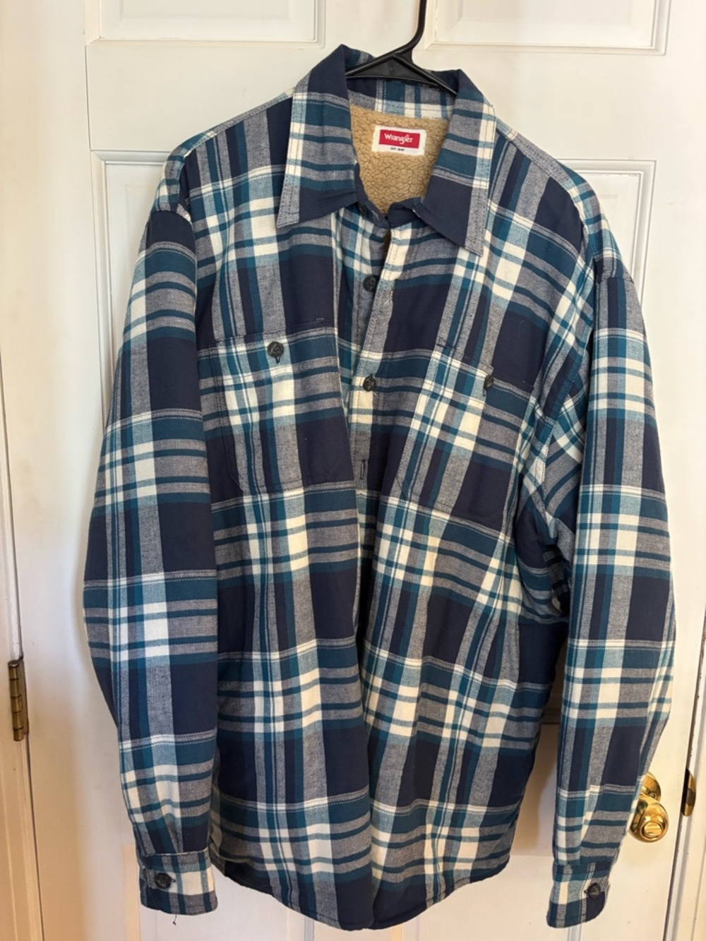 Wrangler Blue and White Plaid Sherpa-Lined Shirt Jacket